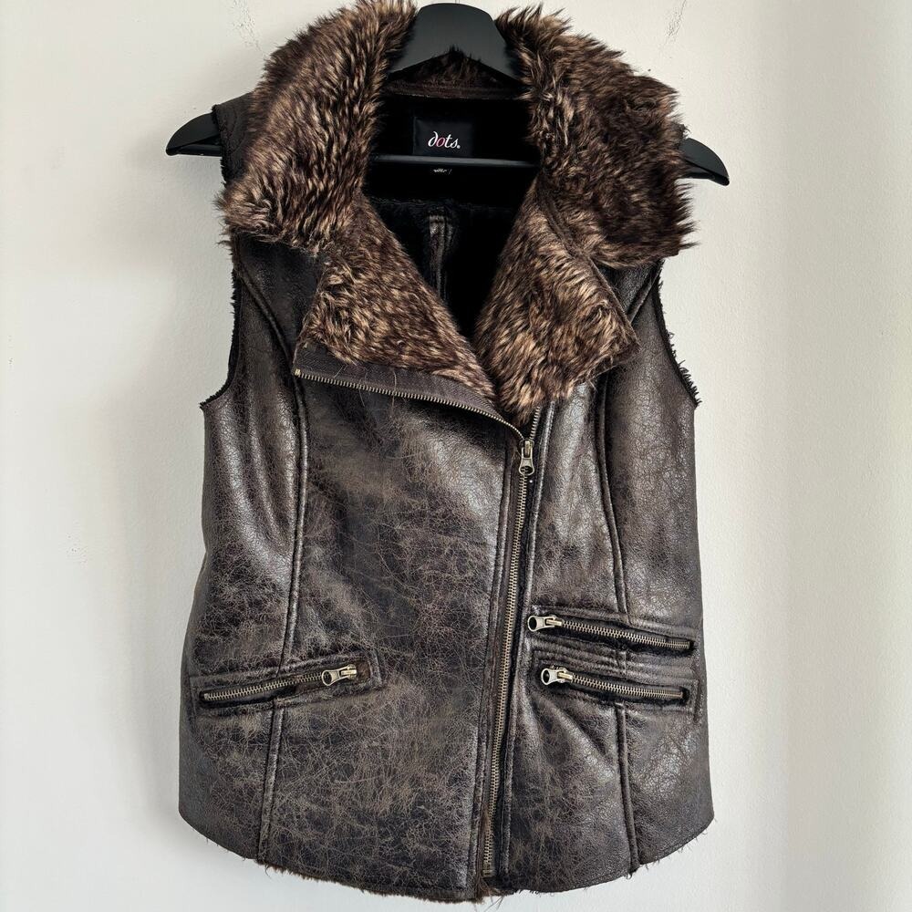 Boho Faux Leather Moto Vest M Faux Fur Trim Zipper Pockets Biker Grunge Fall